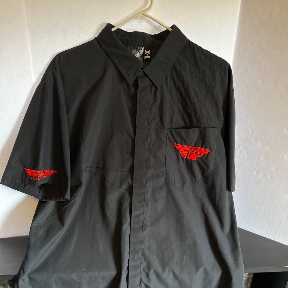 Fly Racing Black Short Sleeve Button Shirt with Red Fly Embroidered Logo